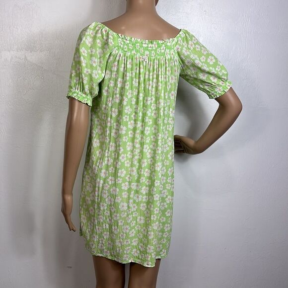 Billabong Girl’s Green Floral Print Mini Sundress With Puff Sleeves Size L - Picture 3 of 9